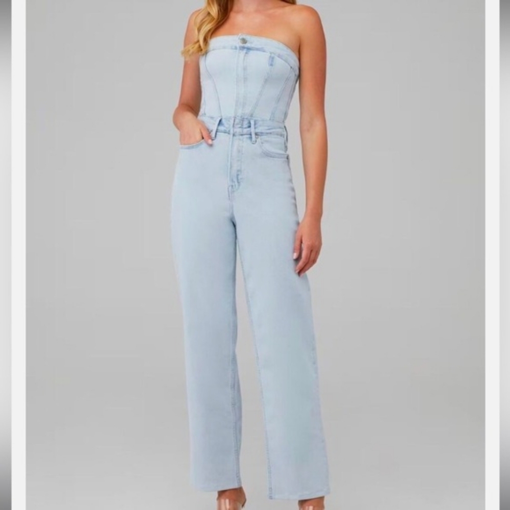 Good american strapless tube denim jumpsuit
